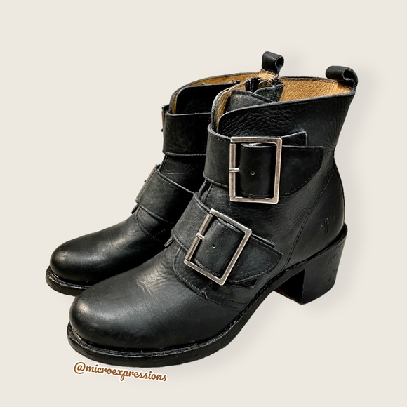 Frye Sabrina Double Buckle Vintage Academia Black Leather Block Heel Ankle Boot - Picture 13 of 16